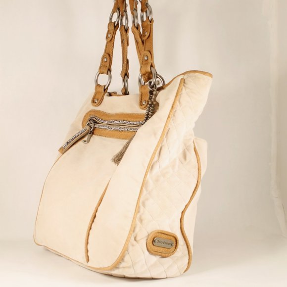 JUICY COUTURE Beige Velour Satchel, Large, Rhinestones, Tassel, Gently Used - Picture 6 of 16